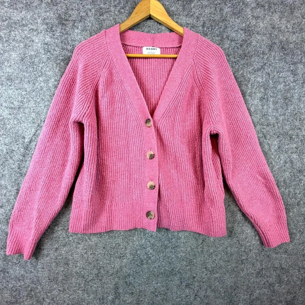 Old Navy Cardigan Sweater Women Large Pink Ribbed Oversized Slouchy Button Front - Picture 1 of 6